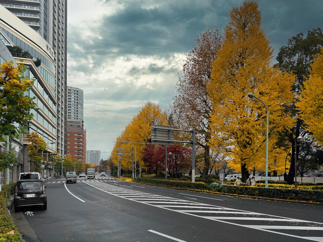 a car driving down a street next to tall buildings, Tokyo