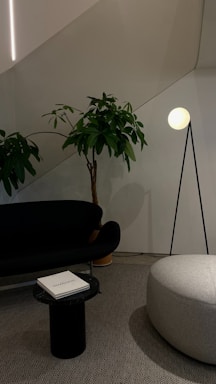 A modern interior space features a black sofa and a grey ottoman on a textured carpet. A sleek floor lamp with a spherical light adds to the ambient lighting. A tall, leafy green plant stands beside the sofa, adding natural elements to the decor. A small black side table holds a closed book titled 'Hoffman'.