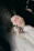 A soft-focus image capturing a joyful bride holding a bouquet of white roses in a softly lit garden.