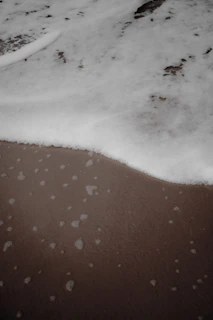 Close-up of sea foam delicately washing over dark sand under soft natural light.
