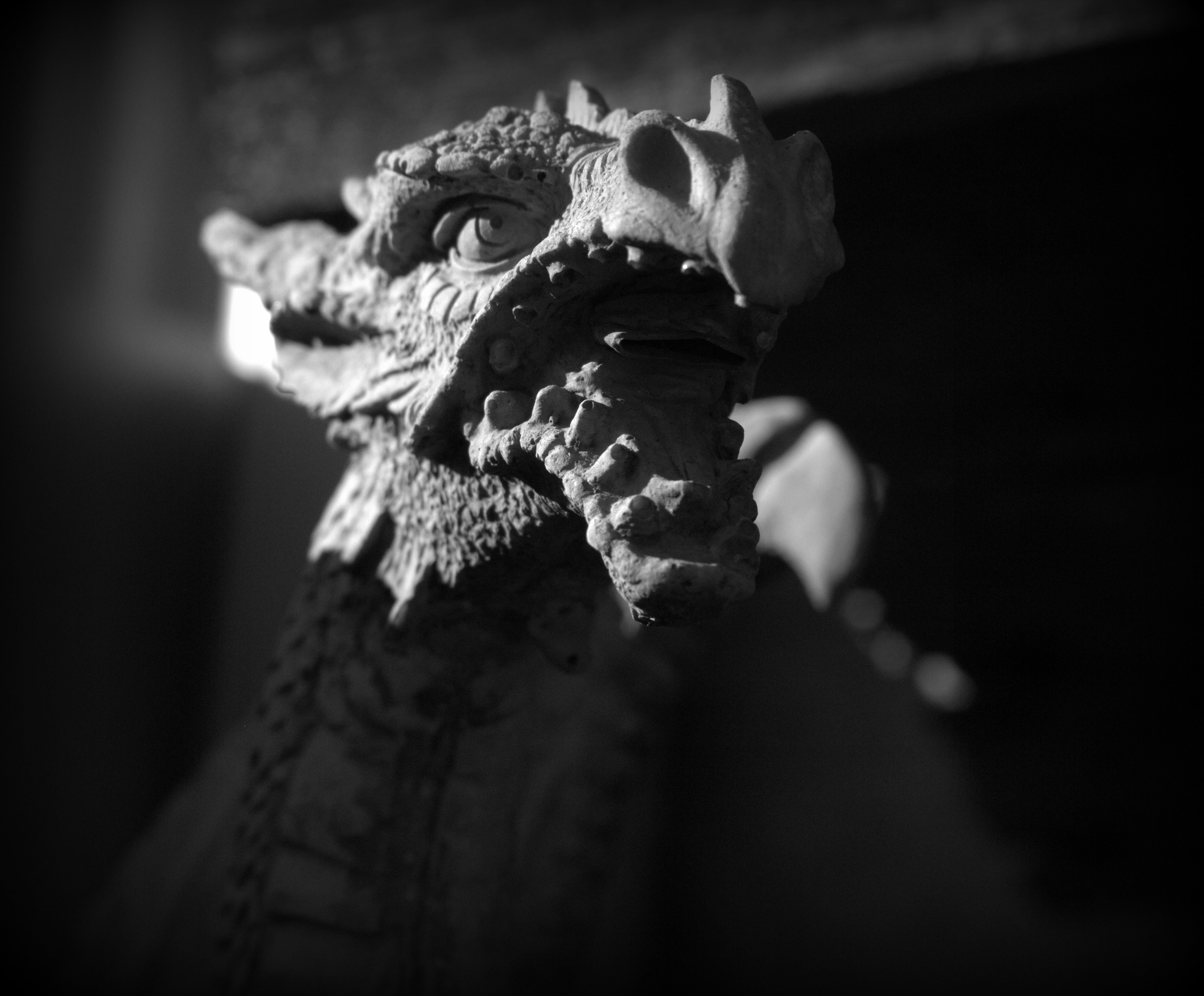a black and white photo of a statue of a dragon