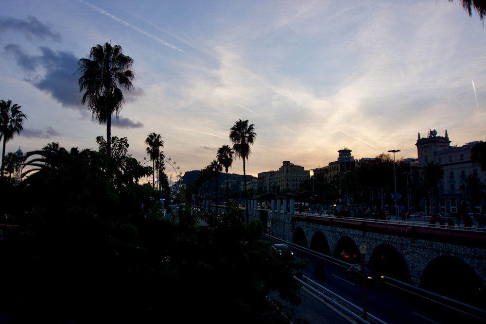 a city street with palm trees and a bridge