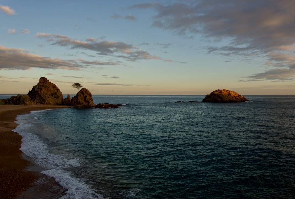 a body of water next to a sandy beach