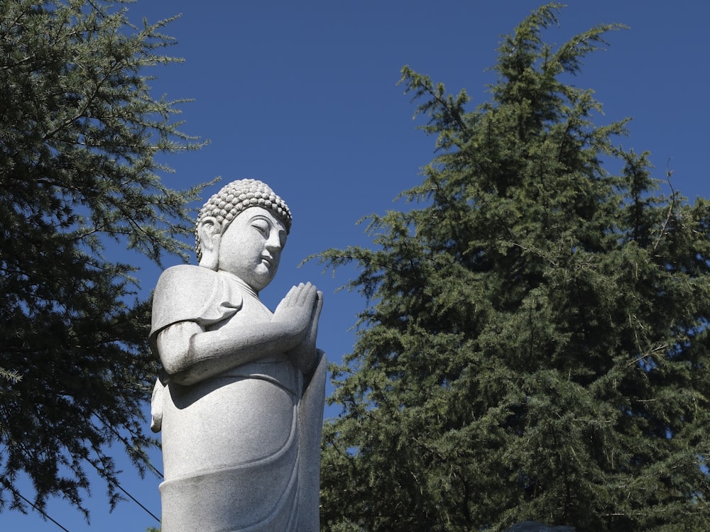 a statue of a buddha in front of some trees