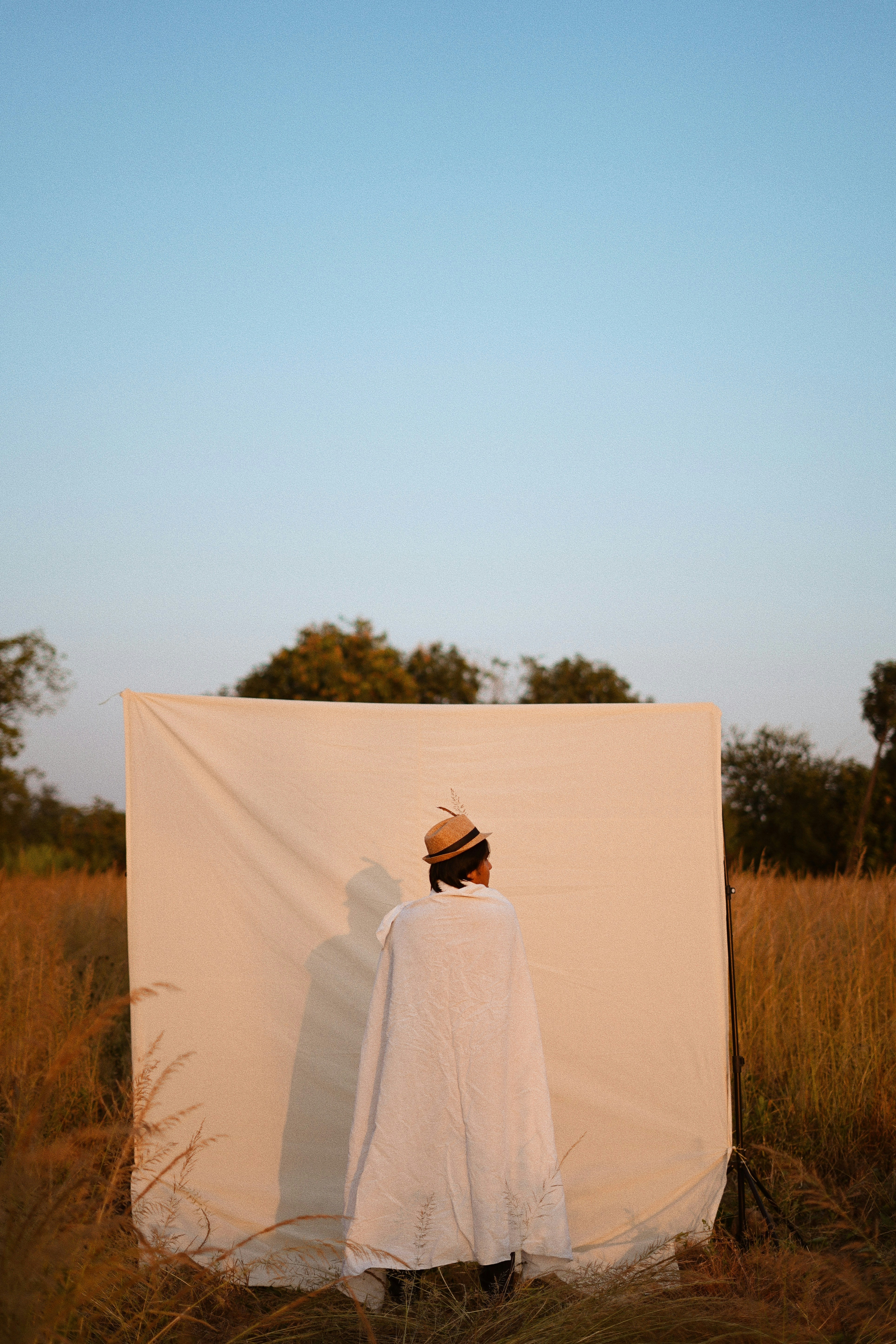 a person standing in a field behind a white sheet