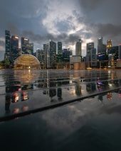City skyline with digital data overlays symbolizing cloud migration and modernization.