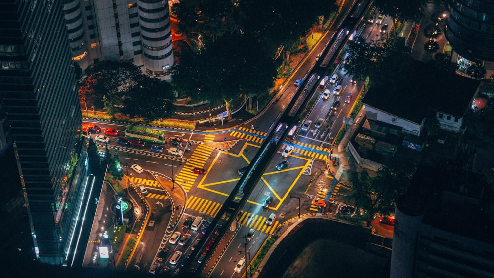 an aerial view of a city at night