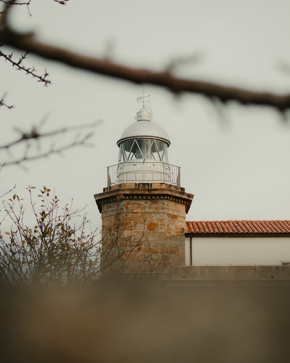 a light house is seen through the branches of a tree