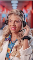 a woman wearing headphones and smiling at the camera