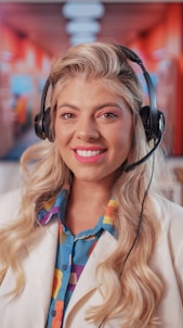 a woman wearing a headset and smiling at the camera