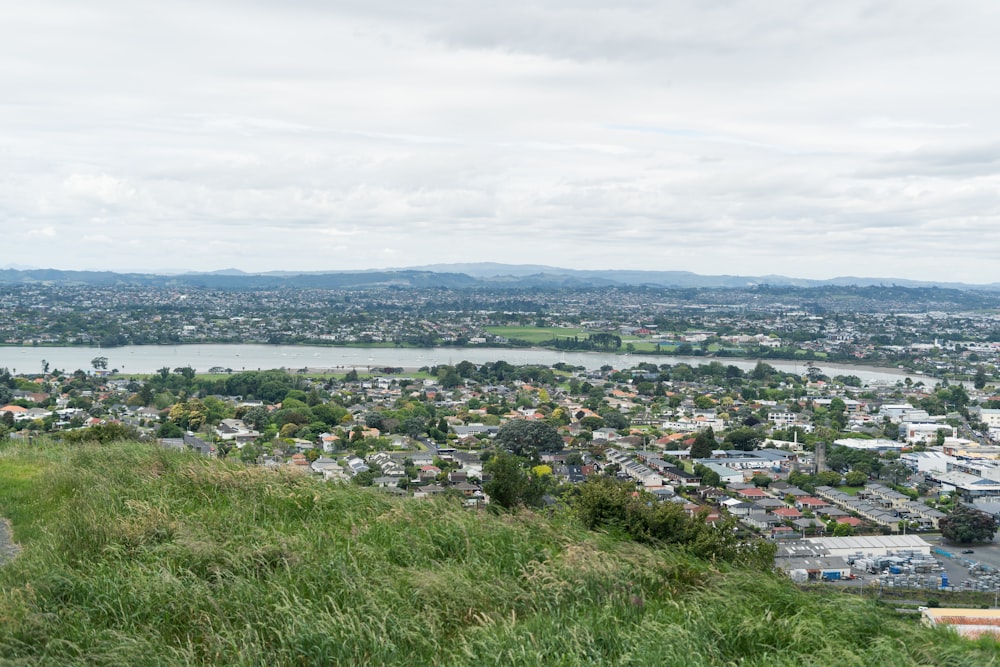 a view of a city and a lake from a hill