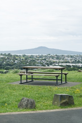 a park bench sitting on top of a lush green field