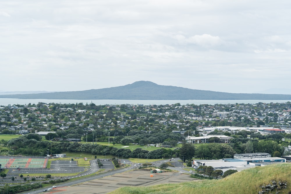 a view of a city with a mountain in the background