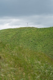A lush green hill under a cloudy sky, with a metal trig point or survey marker on top. The scene is dominated by the vibrant grass, and the sky appears overcast.