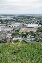 An urban landscape featuring a mix of residential houses and commercial buildings. In the foreground, there is a patch of tall green grass. Beyond the grass, various rooftops, streets, and parked cars are visible. In the distance, large warehouse-like buildings and industrial areas are noticeable, with a small hill and water bodies on the horizon under a cloudy sky.