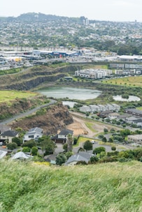 A sprawling suburban landscape with a mixture of residential houses in the foreground and commercial buildings in the distance. A grassy hill descends into a neighborhood with modern houses, surrounded by trees and roads. Further back, an industrial area with large warehouse buildings and parking areas can be seen. In the background, a densely forested hill overlooks the town.