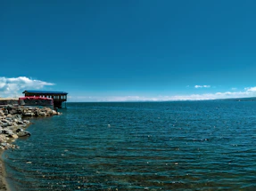 A serene lakeside cabin with a small dock, surrounded by lush green trees under a clear blue sky.