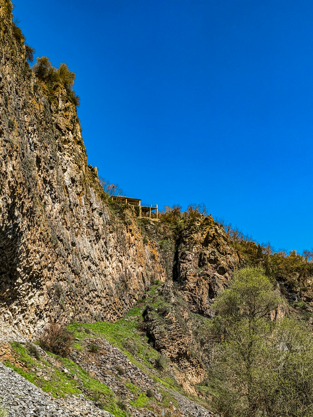 una ladera de montaña con un banco a su lado