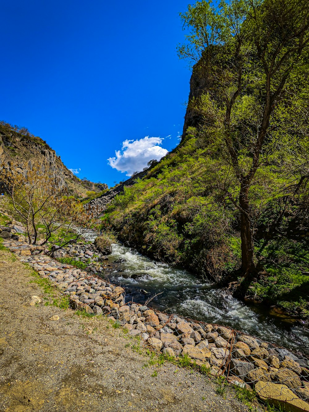 a river running through a lush green hillside