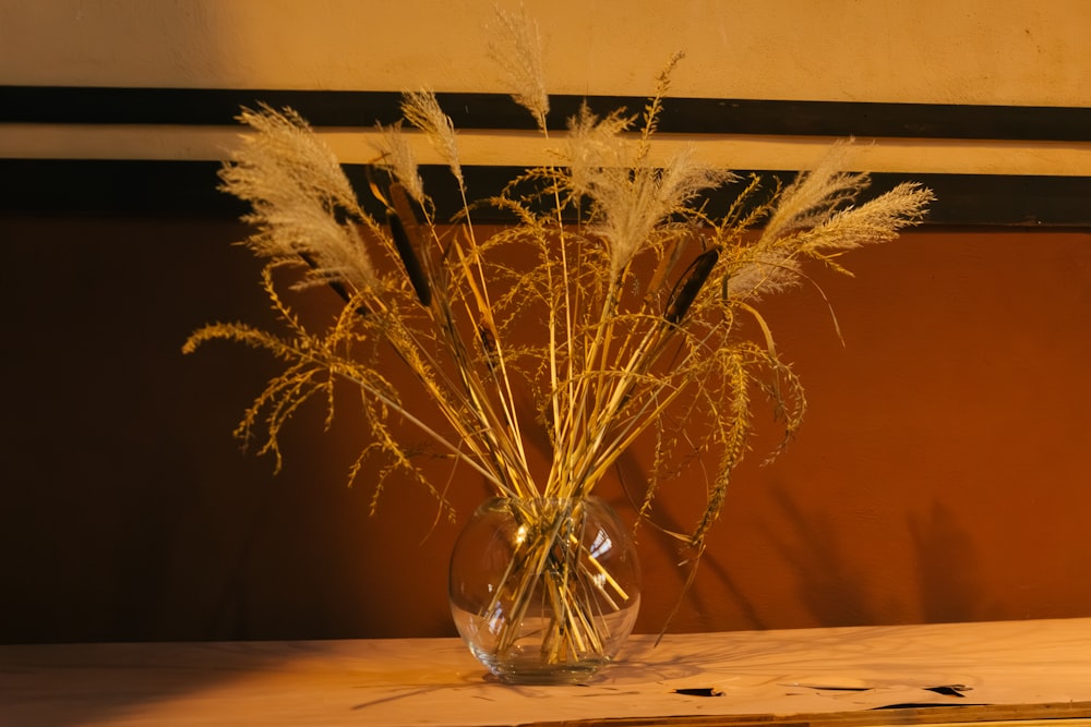 a vase filled with dry grass sitting on top of a table