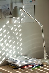 An office desk with legislative documents and legal books open, light streaming through the window.