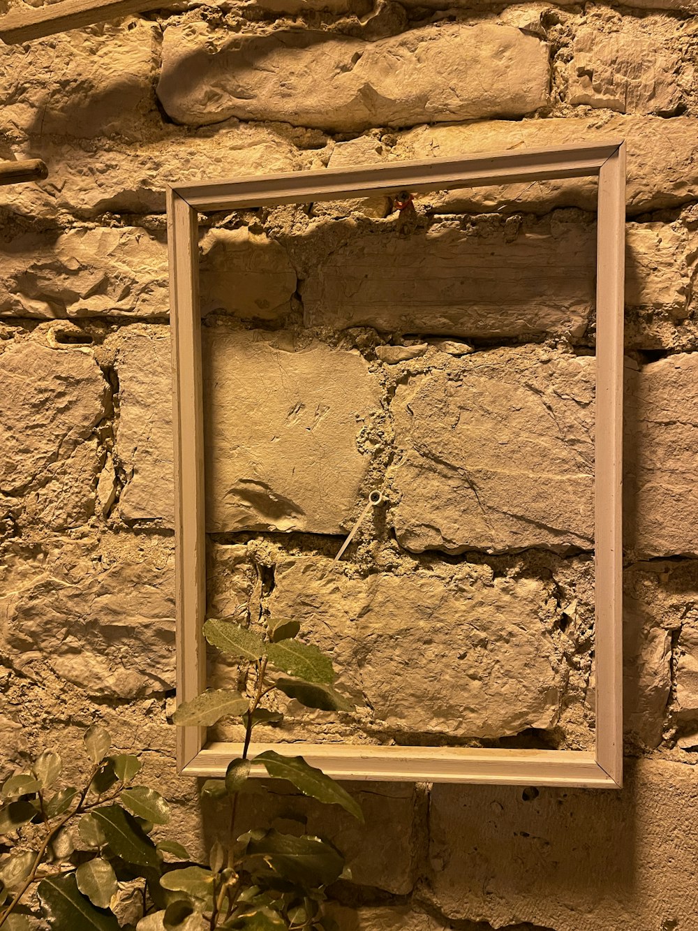 a mirror hanging on a brick wall next to a plant