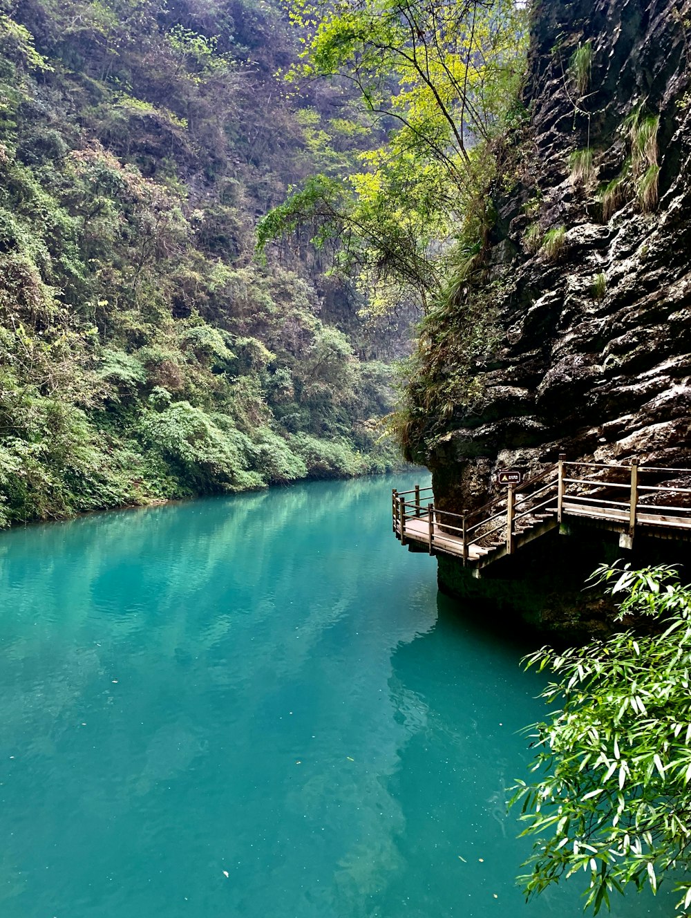 un cuerpo de agua con un puente de madera sobre él