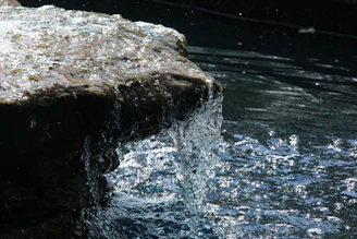 Close-up of water rushing over the edge, droplets sparkling in the sunlight.