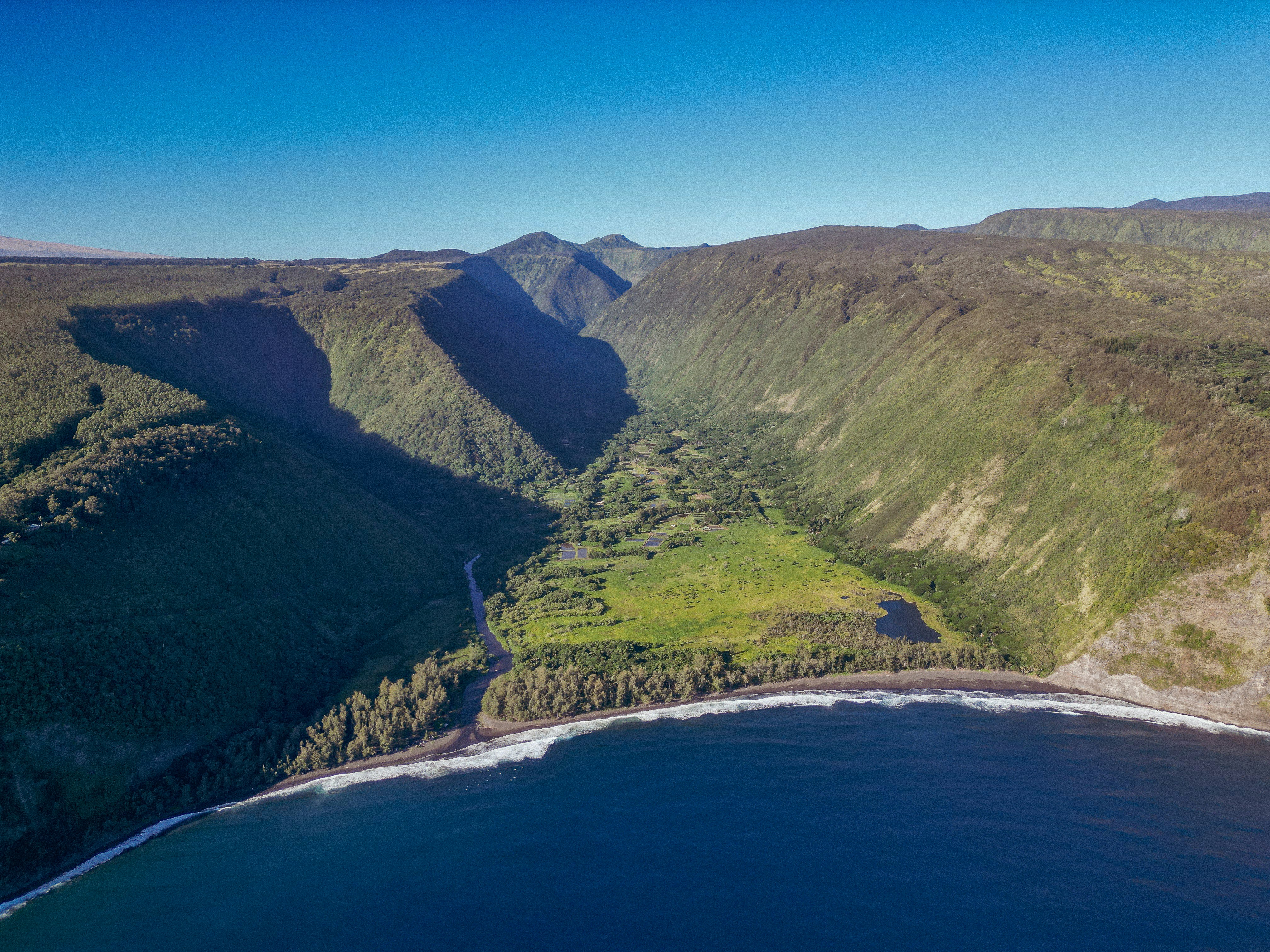 Aerial view of the green Waipio Valley on the Big Island