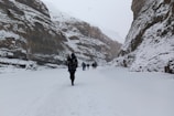 A group of people is trekking through a deep snow-covered valley flanked by towering rock walls. The ground and cliffs are blanketed in snow, indicating a cold and wintry environment. People are dressed in heavy winter clothing, suggesting harsh weather conditions.
