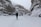 A group of people is trekking through a deep snow-covered valley flanked by towering rock walls. The ground and cliffs are blanketed in snow, indicating a cold and wintry environment. People are dressed in heavy winter clothing, suggesting harsh weather conditions.