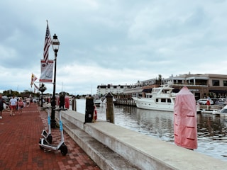 A waterfront scene with a walkway lined by brick and concrete. A light pole with flags and banners stands along the pathway. People are walking or standing near the water. A white yacht is docked by the pier, and the background features a building with outdoor seating. The sky is overcast, creating a calm ambiance.