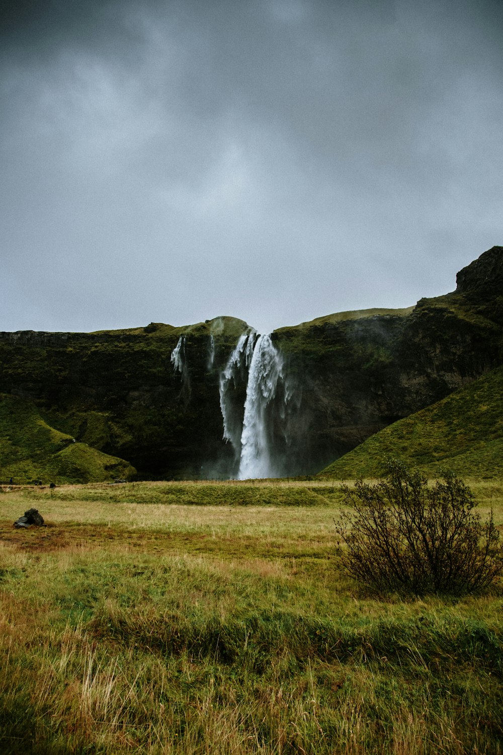 una gran cascada en medio de un campo cubierto de hierba