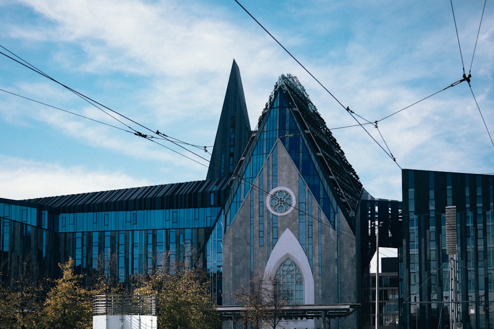 a church with a clock on the front of it