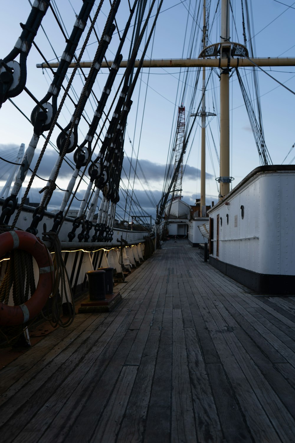 the deck of a large ship with a life preserver