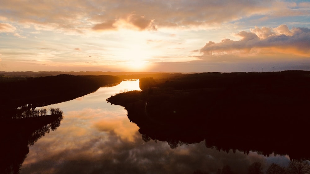 the sun is setting over a body of water