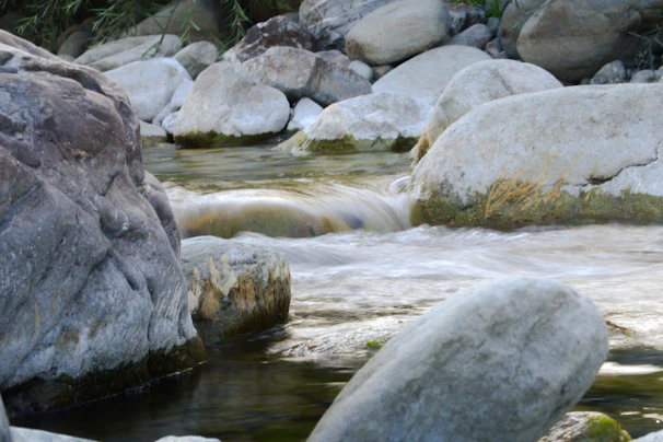 A peaceful water stream flowing gently over smooth stones.