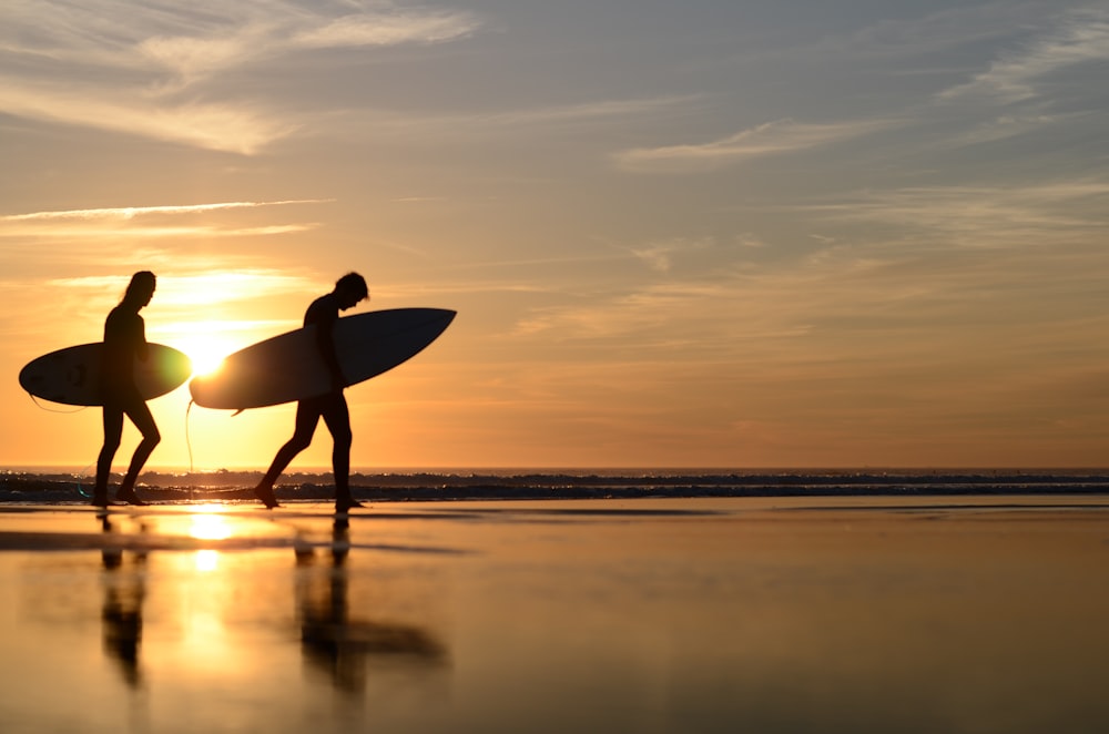 un paio di persone che tengono tavole da surf su una spiaggia