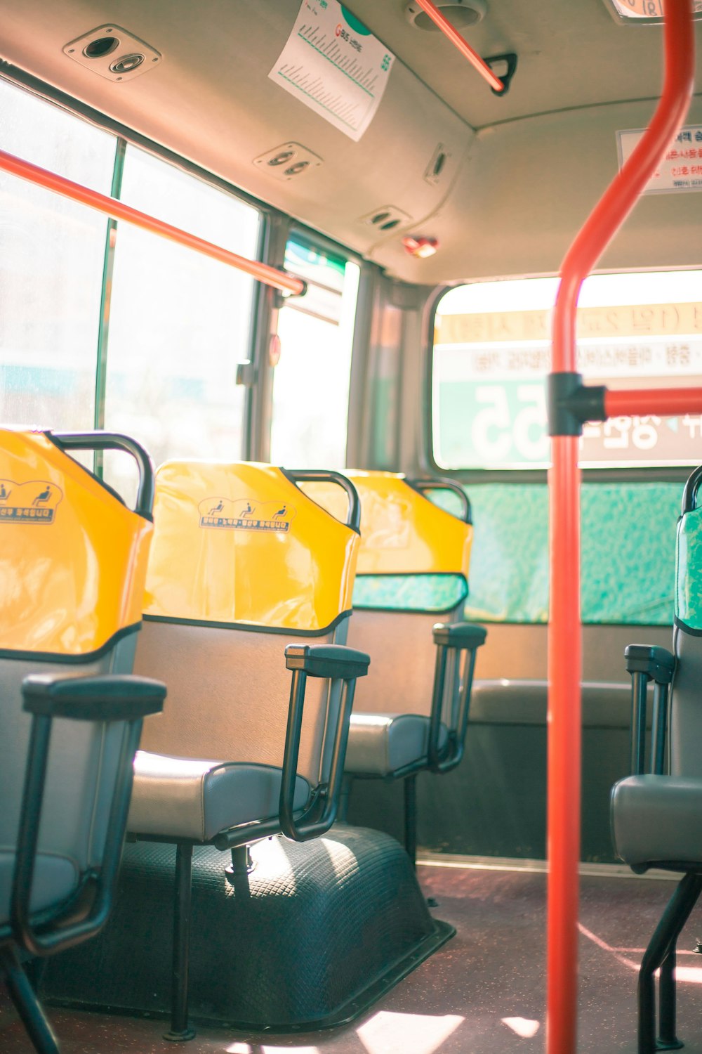 a row of empty seats on a bus