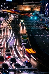 An urban scene showcasing city life at night.
