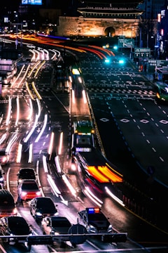 An urban scene showcasing city life at night.