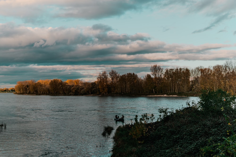 a body of water surrounded by trees under a cloudy sky