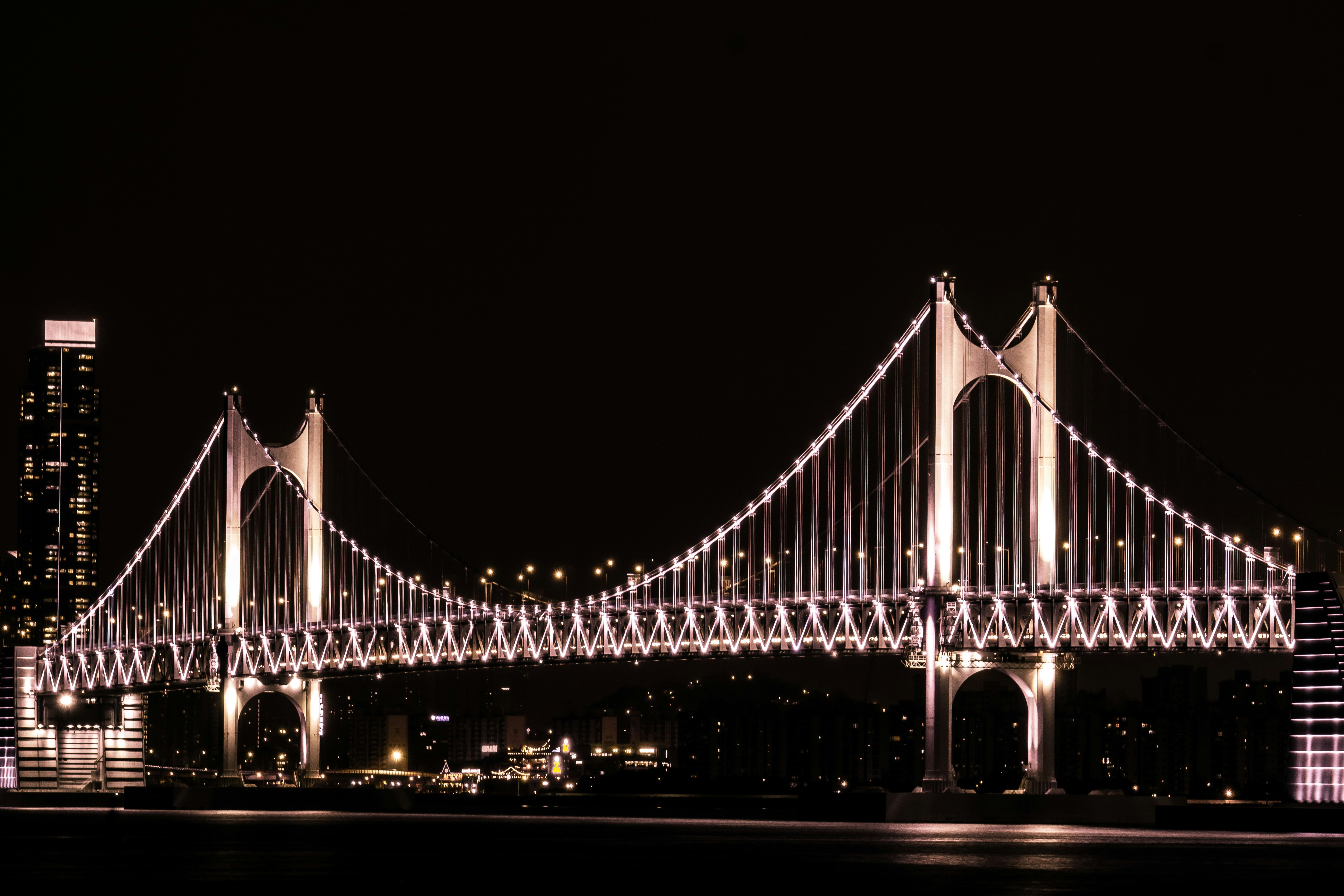 a large bridge over a body of water at night