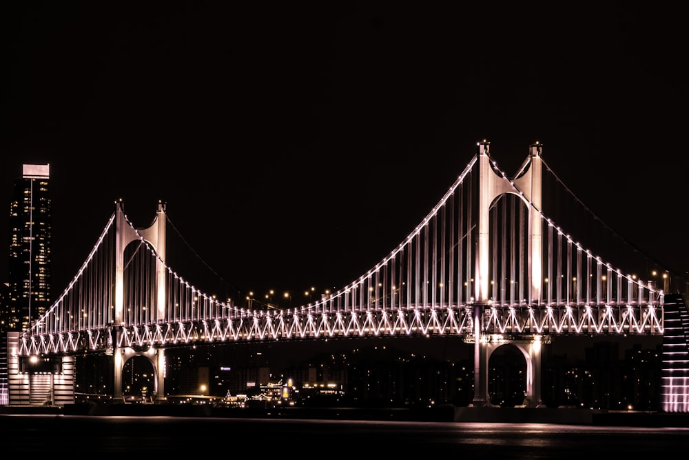 a large bridge over a body of water at night