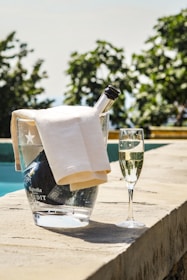 A clear bucket filled with ice and a bottle of Estrella Damm Inedit is placed on a stone surface next to a filled glass of sparkling wine. A white cloth is draped over the bucket. In the background, blurred green foliage under a clear sky suggests an outdoor setting.