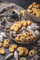 An assortment of pastries and cookies is artfully arranged on a dark textured surface. A mix of powdered sugar-coated confections, buttery cookies, and intricate designs are present. A cup of black coffee sits in a greenish cup and saucer, adding a contrasting element to the image. The scene evokes an inviting and cozy atmosphere.