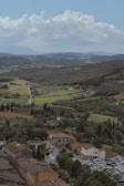 A picturesque landscape featuring a small town with rustic buildings, surrounded by lush greenery and vineyards. Rolling hills stretch into the distance under a vast sky with fluffy clouds.