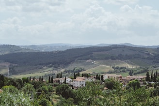 A picturesque rural landscape featuring rolling hills covered in lush green vegetation and vineyards. In the foreground, a quaint village with rustic buildings nestled among tall cypress trees. Soft, cloudy skies stretch across the horizon.