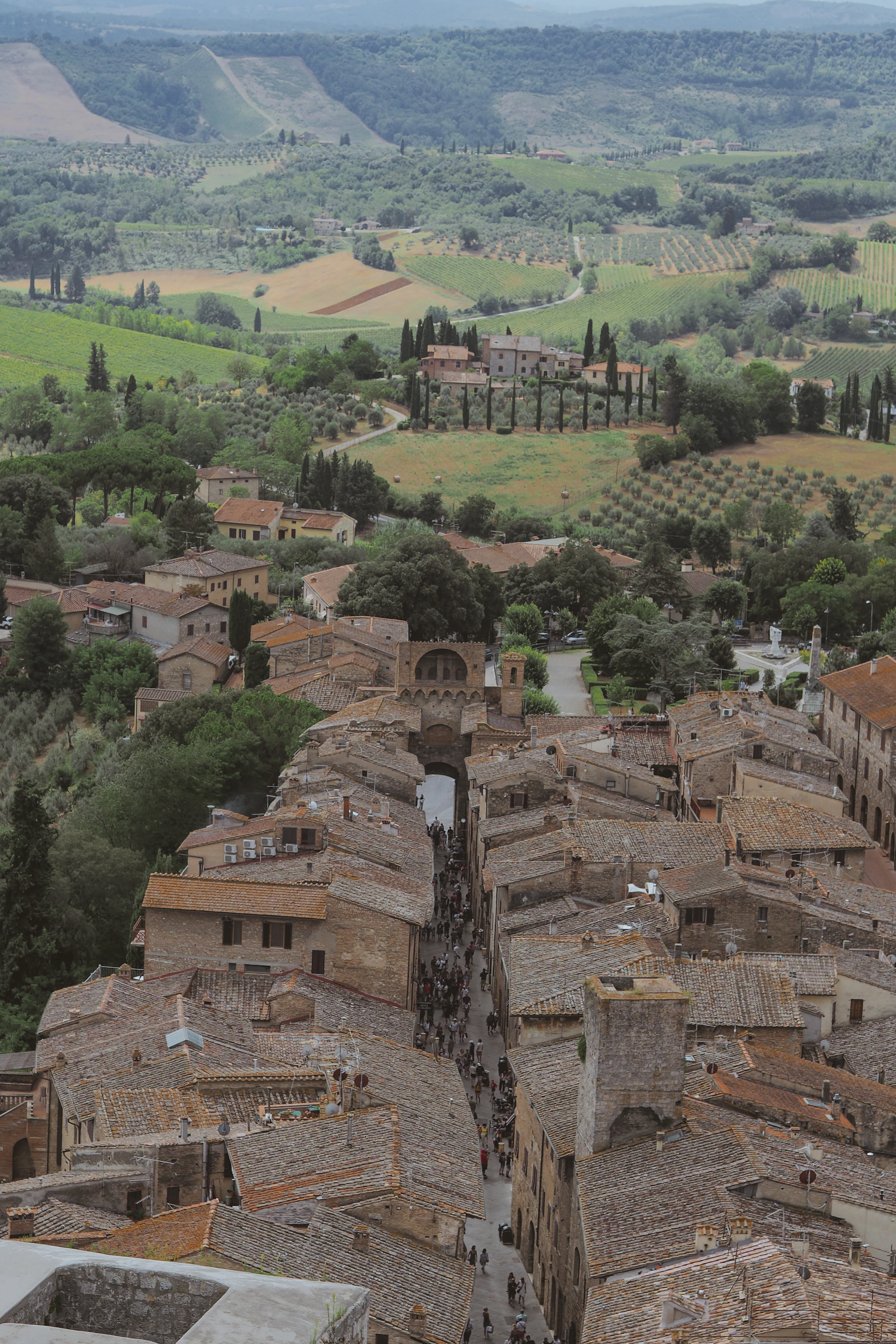 A charming cobblestone street in a medieval Tuscan village, lined with colorful flowers and rustic stone buildings.