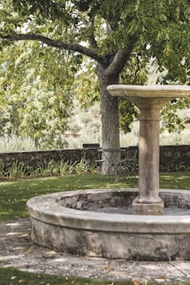 A serene garden corner used for mindful reflection, with a small fountain and comfortable seating.